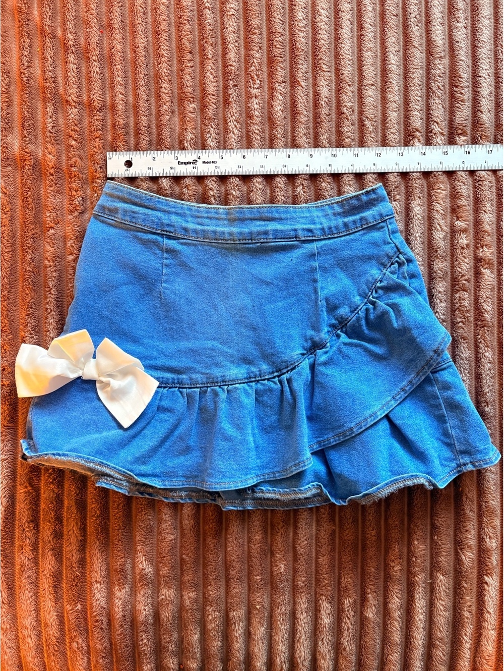 Y2K Cute Coquette Blue Denim Ruffled Mini Skirt with White Bow Accent #12